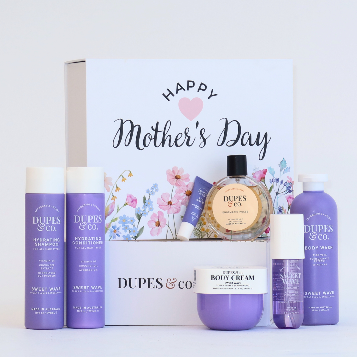 Dupes & Co Ultimate Mother's Day Gift Box with lavender Sweet Wave body care and perfume